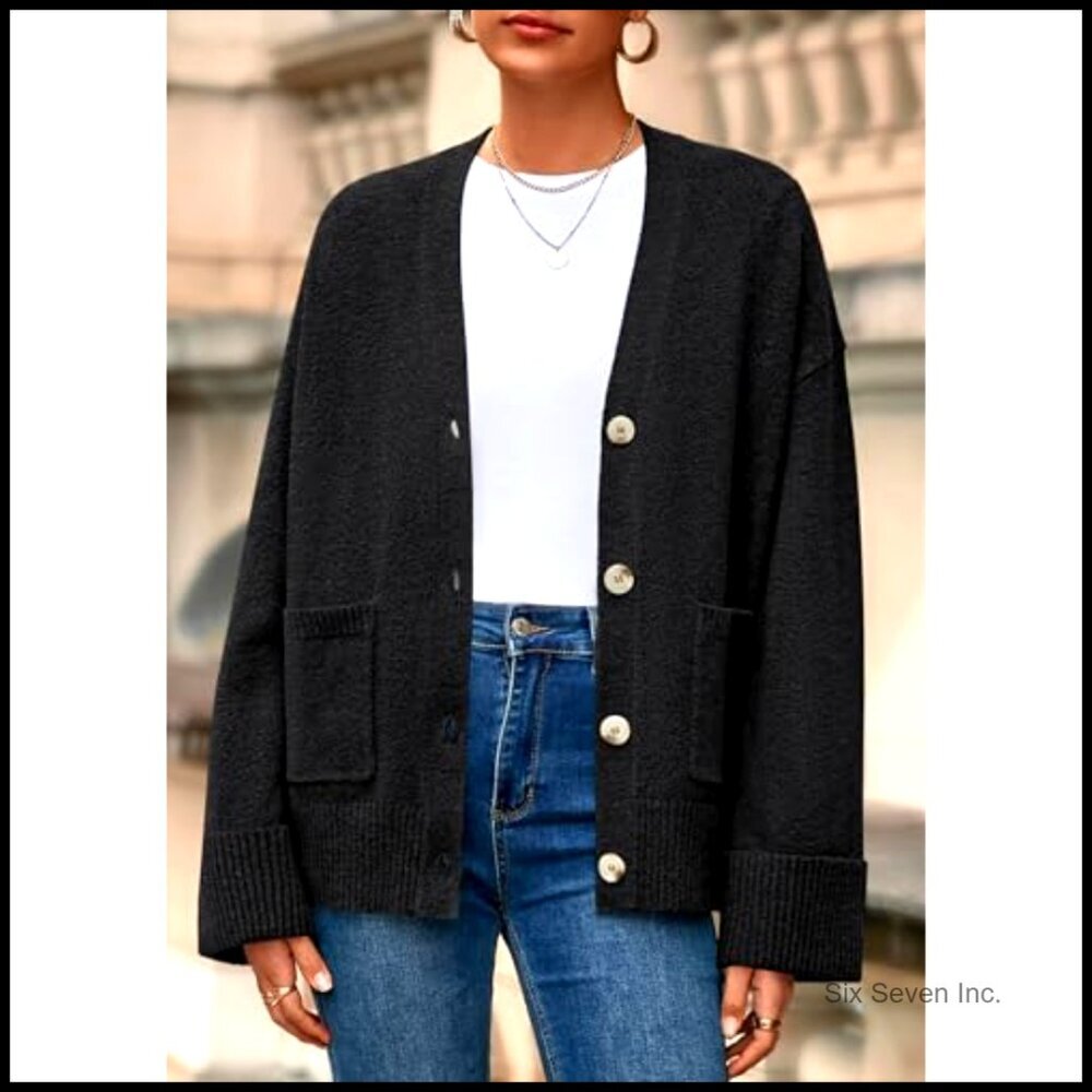 Oversized Chunky Knit Cardigan V Neck Button Down Drop Shoulder Pockets - Picture 3 of 7